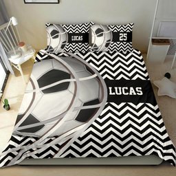 Personalized Soccer Duvet Cover Set, Soccer Ball Zigzag Player Gift Black White Duvet Cover & Pillowcases, Custom Name Number Bedding Set