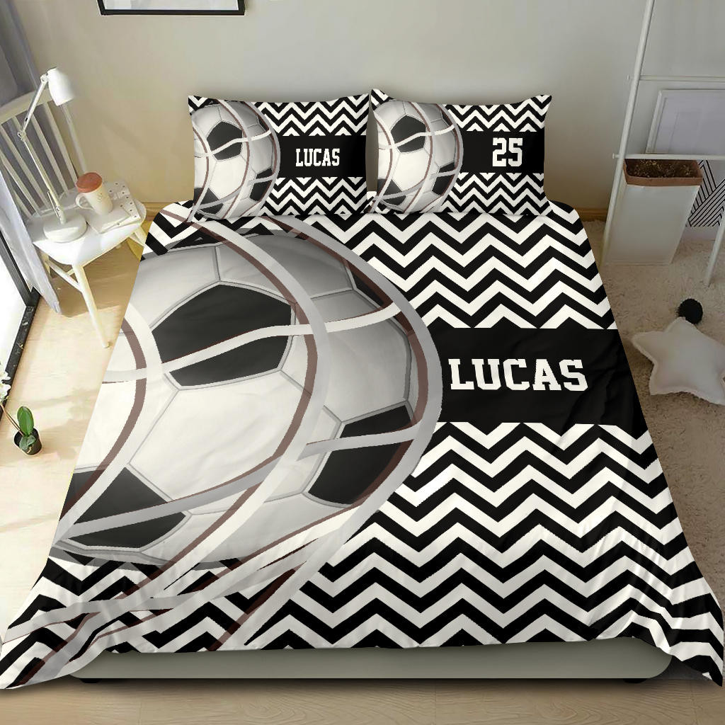 Personalized Soccer Duvet Cover Set, Soccer Ball Zigzag Player Gift Black White Duvet Cover & Pillowcases, Custom Name Number Bedding Set