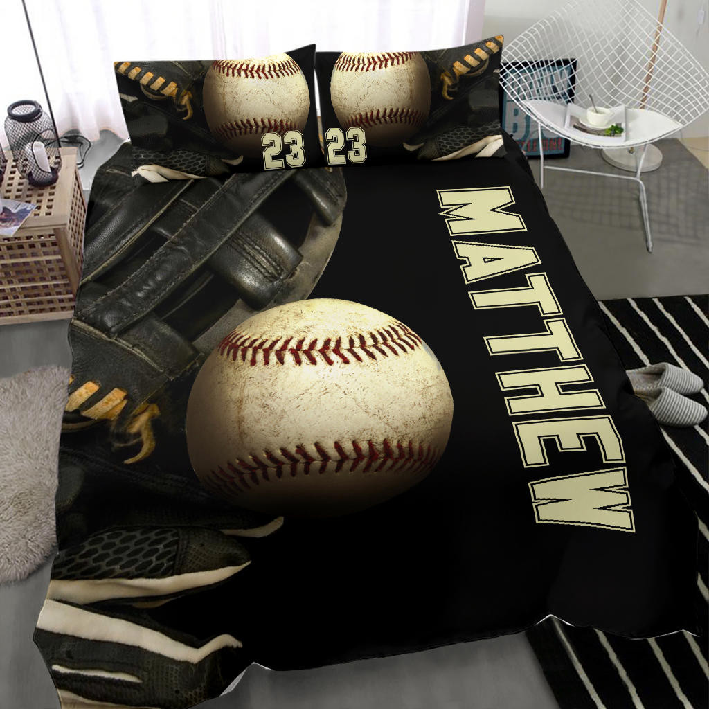 Personalized Baseball Duvet Cover Set, Baseball Ball 3D Printed Player Unique Gift Duvet Cover & Pillowcases, Custom Name Number Bedding Set