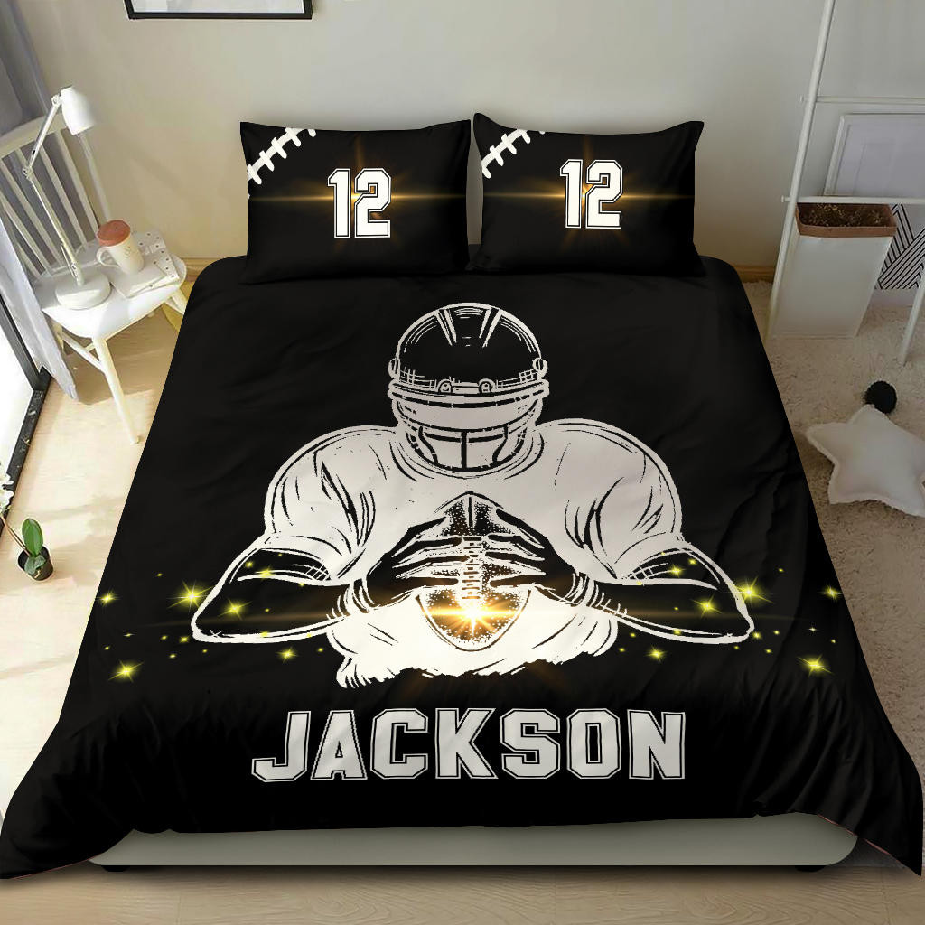 Personalized Football Duvet Cover Set, Football Boy Ball Light Player Gift Black Duvet Cover & Pillowcases, Custom Name Number Bedding Set