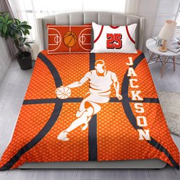 Personalized Basketball Duvet Cover Set, Basketball Boy Running Player Gift Orange Duvet Cover & Pillowcases, Custom Name Number Bedding Set