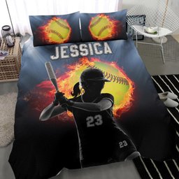 Personalized Softball Duvet Cover Set, Softball Girl Fire Ball Player Fan Gift Idea Duvet Cover & Pillowcases, Custom Name Number Bedding Set