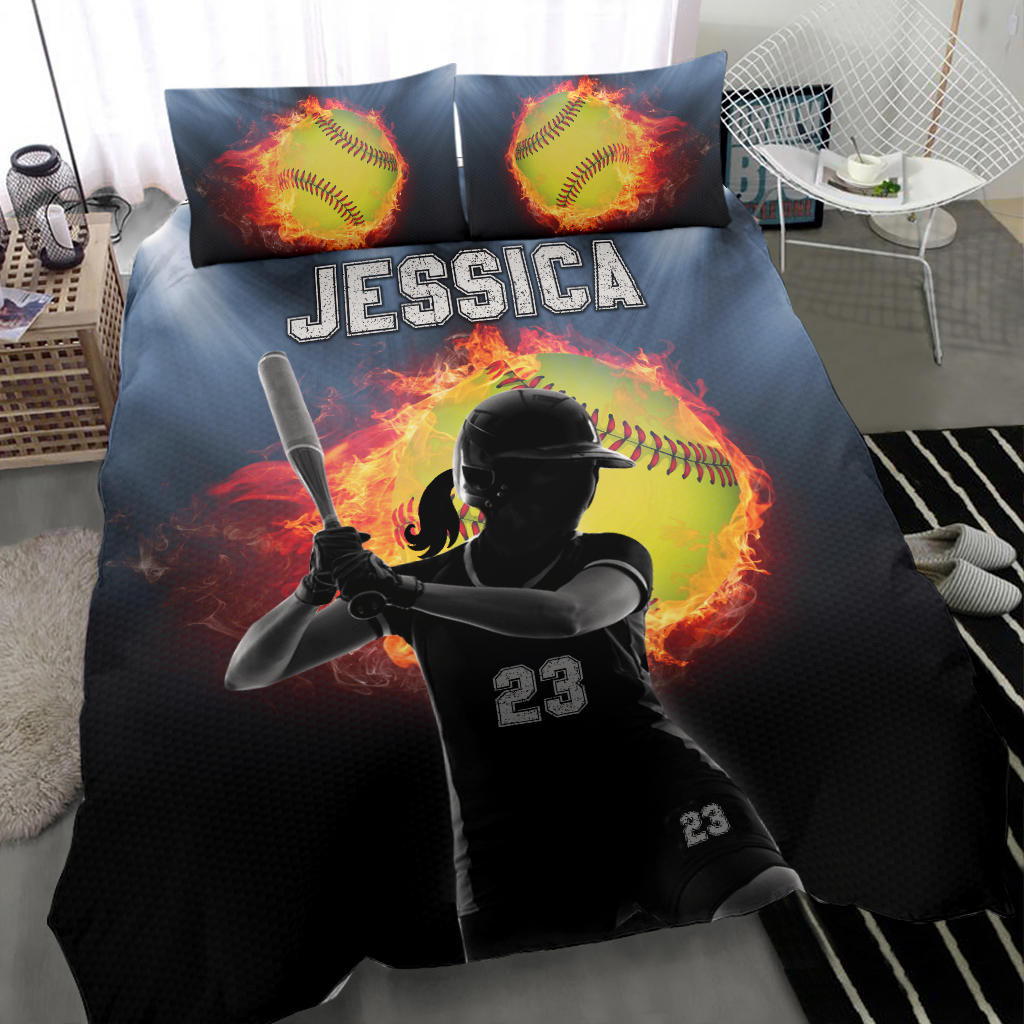 Personalized Softball Duvet Cover Set, Softball Girl Fire Ball Player Fan Gift Idea Duvet Cover & Pillowcases, Custom Name Number Bedding Set