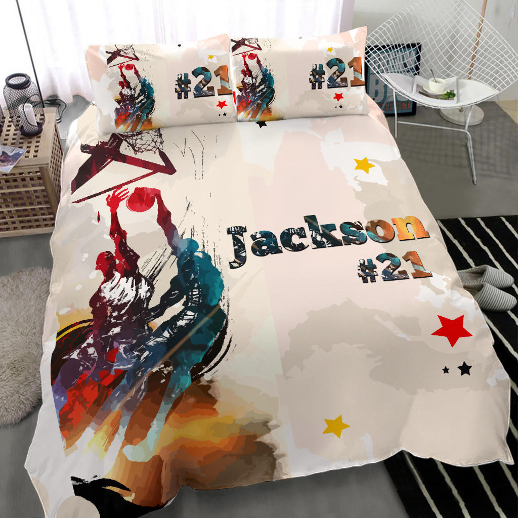 Personalized Basketball Duvet Cover Set, Basketball Watercolor Player Gift Idea Beige Duvet Cover & Pillowcases, Custom Name Number Bedding Set