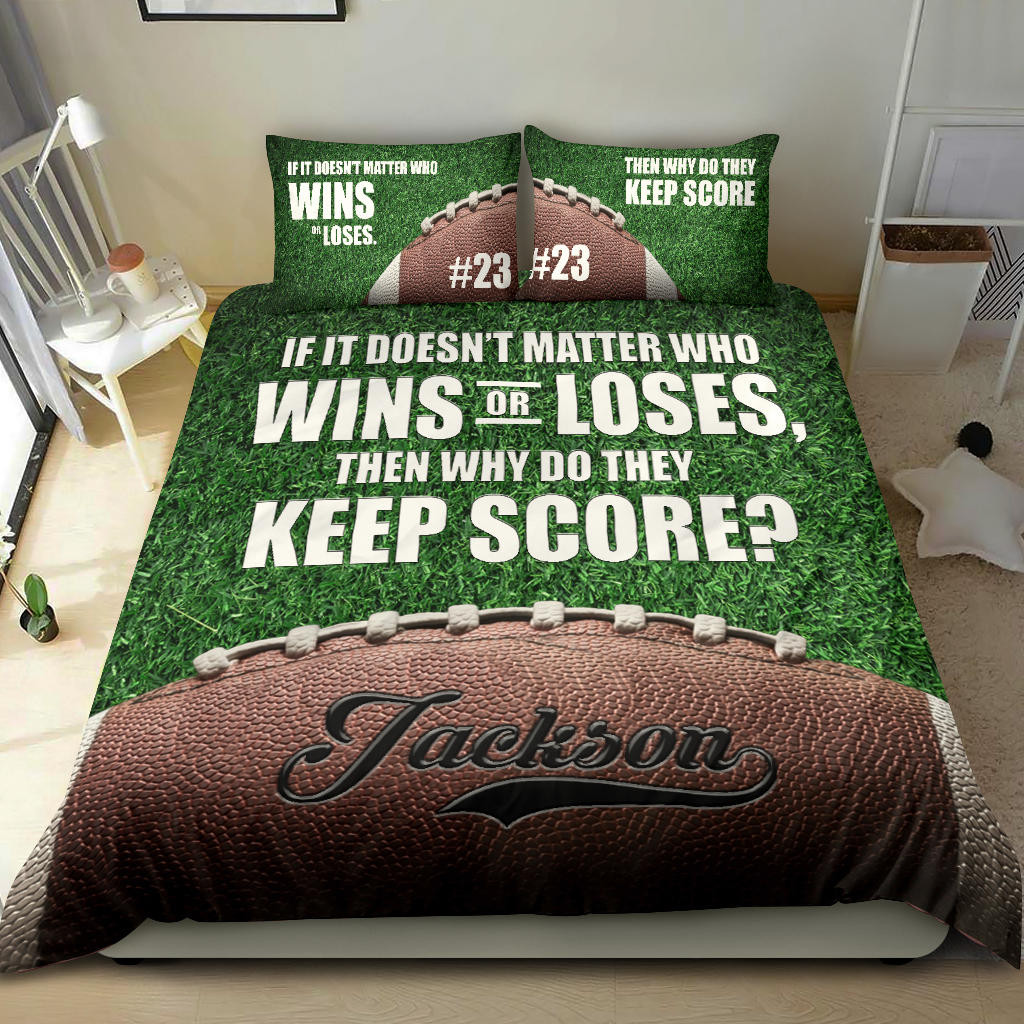 Personalized Football Duvet Cover Set, Football Ball Win Lose Player Gift Green Duvet Cover & Pillowcases, Custom Name Number Bedding Set
