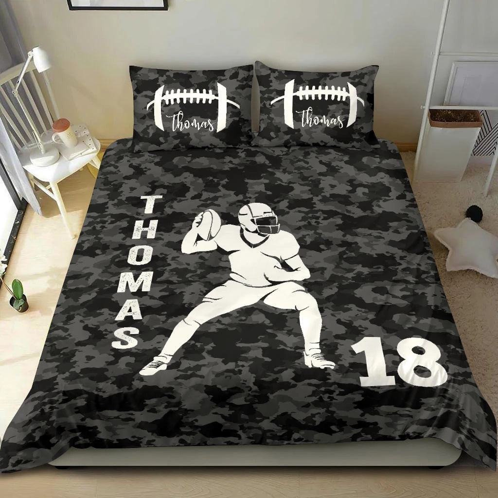 Personalized Football Duvet Cover Set, America Football Player Gift Idea Black Camo Duvet Cover & Pillowcases, Custom Name Number Bedding Set