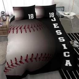 Personalized Baseball Duvet Cover Set, Baseball Ball 3D Player Unique Gift Black Duvet Cover & Pillowcases, Custom Name Number Bedding Set