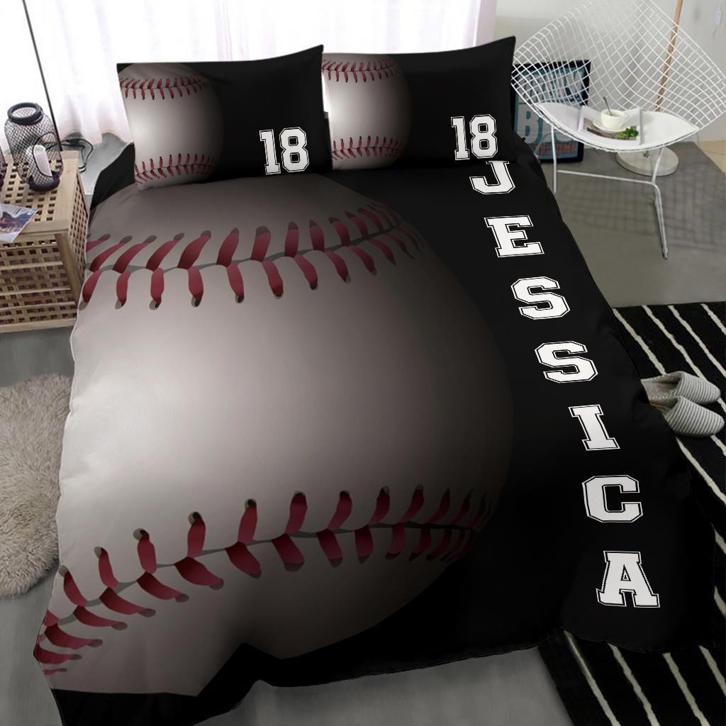 Personalized Baseball Duvet Cover Set, Baseball Ball 3D Player Unique Gift Black Duvet Cover & Pillowcases, Custom Name Number Bedding Set