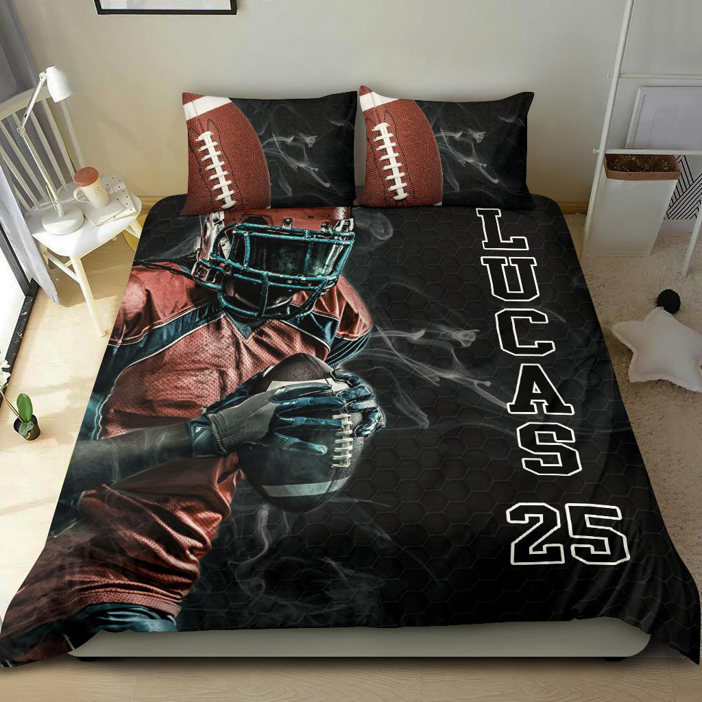 Personalized Football Duvet Cover Set, Football Man Boy Smoke Player Gift Idea Duvet Cover & Pillowcases, Custom Name Number Bedding Set