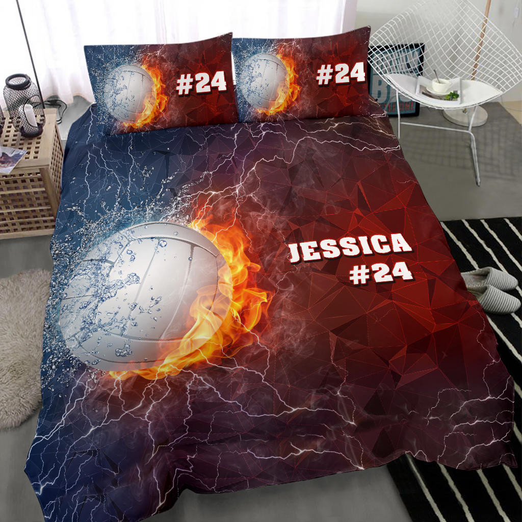 Personalized Volleyball Duvet Cover Set, Volleyball Ball Thunder Blue Red Player Gift Duvet Cover & Pillowcases, Custom Name Number Bedding Set