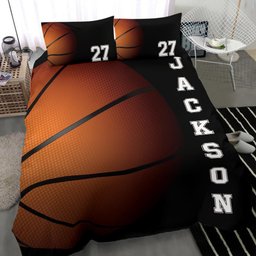 Personalized Basketball Duvet Cover Set, Basketball 3D Printed Player Gift Idea Black Duvet Cover & Pillowcases, Custom Name Number Bedding Set
