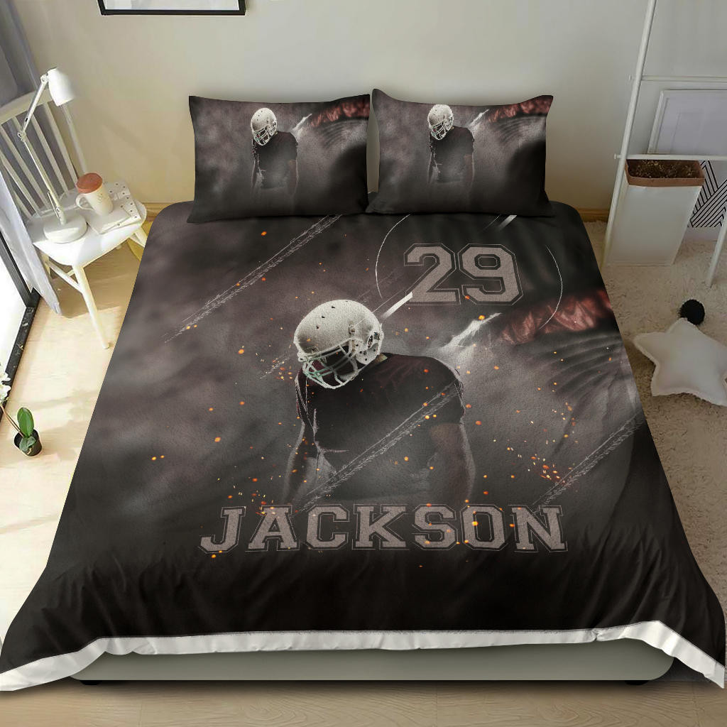 Personalized Football Duvet Cover Set, Football Boy Smoke Player Gift Idea Brown Duvet Cover & Pillowcases, Custom Name Number Bedding Set