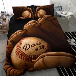 Personalized Baseball Duvet Cover Set, Baseball Glove Ball Player Gift Idea Brown Duvet Cover & Pillowcases, Custom Name Number Bedding Set