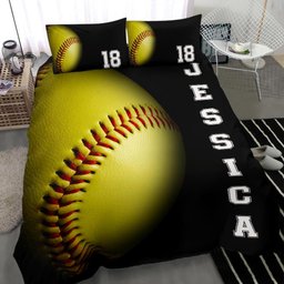 Personalized Softball Duvet Cover Set, Softball Ball 3D Player Unique Gift Black Duvet Cover & Pillowcases, Custom Name Number Bedding Set