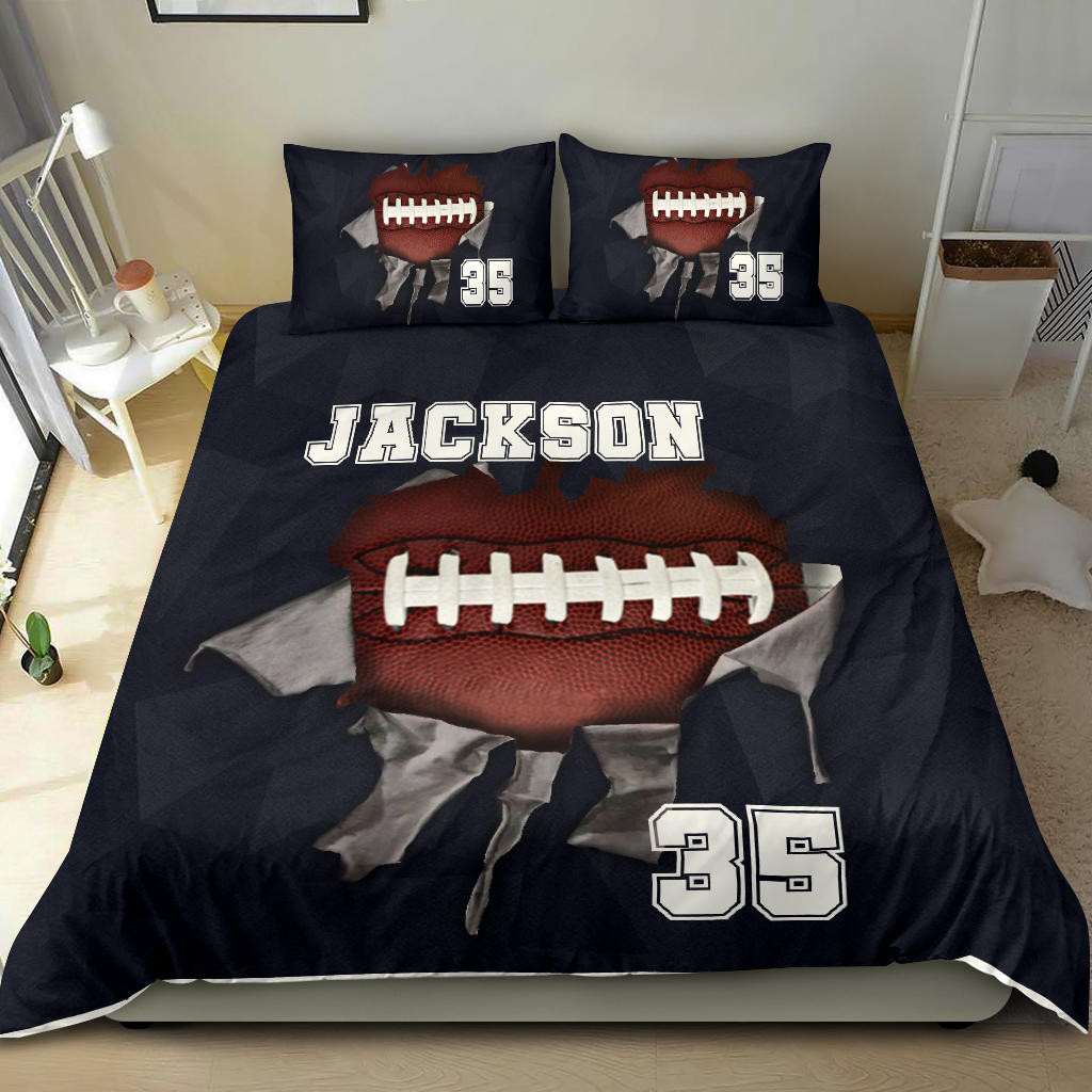 Personalized Football Duvet Cover Set, Football Ball Crack Player Gift Idea Black Duvet Cover & Pillowcases, Custom Name Number Bedding Set