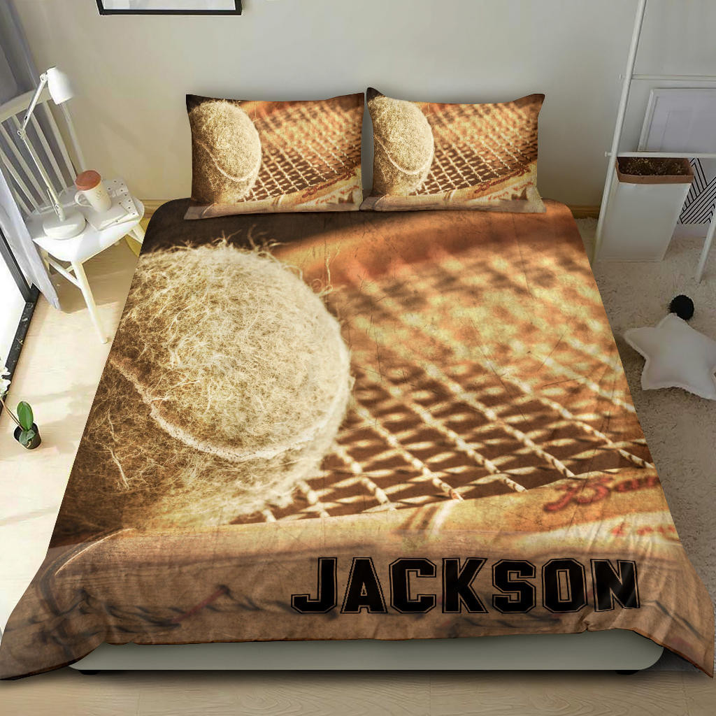 Personalized Tennis Duvet Cover Set, Tennis Ball Vintage Brown Player Gift Idea Duvet Cover & Pillowcases, Custom Name Number Bedding Set