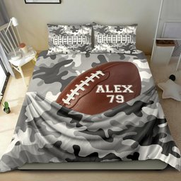Personalized Football Duvet Cover Set, Football Ball Bag Grey Camo Player Gift Idea Duvet Cover & Pillowcases, Custom Name Number Bedding Set