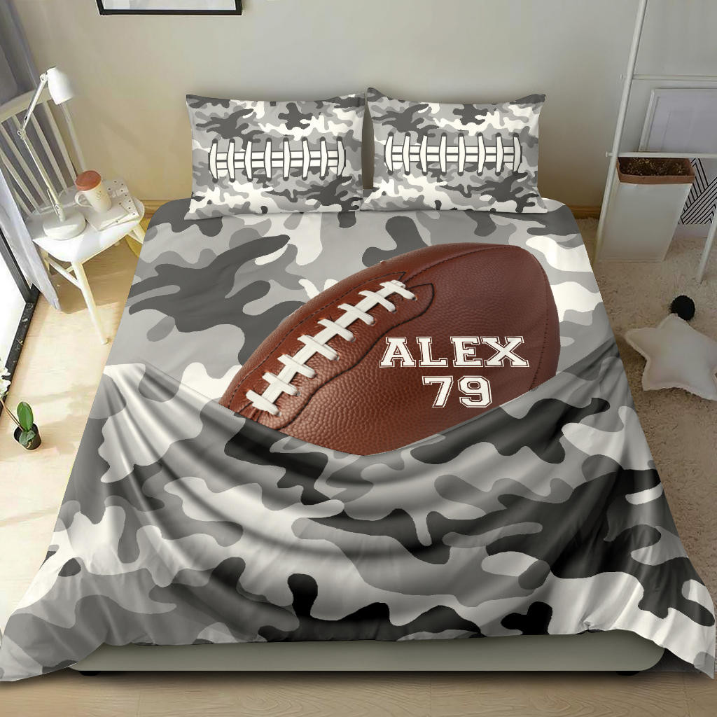 Personalized Football Duvet Cover Set, Football Ball Bag Grey Camo Player Gift Idea Duvet Cover & Pillowcases, Custom Name Number Bedding Set