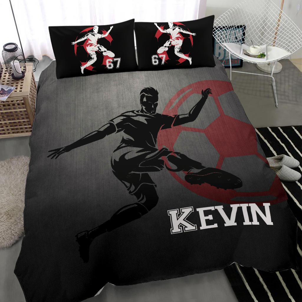 Personalized Soccer Duvet Cover Set, Soccer Boy Grey Black Player Gift Idea Duvet Cover & Pillowcases, Custom Name Number Bedding Set