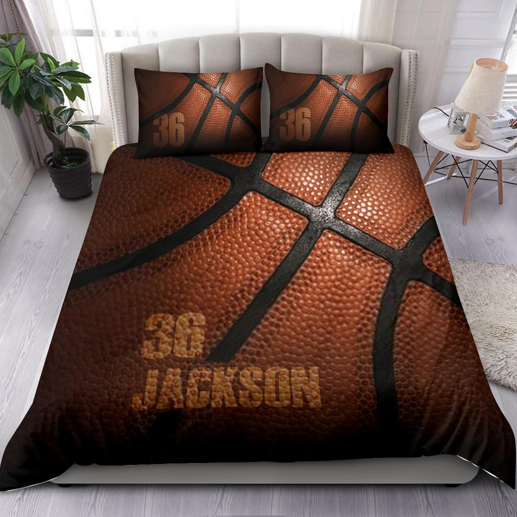 Personalized Basketball Duvet Cover Set, Basketball Pattern 3D Player Gift Idea Brown Duvet Cover & Pillowcases, Custom Name Number Bedding Set