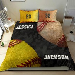 Personalized Baseball Duvet Cover Set, Baseball Softball Black Camo Player Gift Duvet Cover & Pillowcases, Custom Name Number Bedding Set