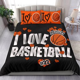 Personalized Basketball Duvet Cover Set, I Love Basketball Player Gift Idea Black Duvet Cover & Pillowcases, Custom Name Number Bedding Set