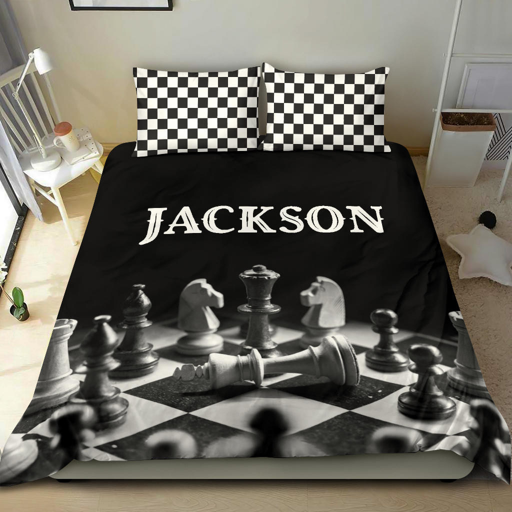 Personalized Chess Duvet Cover Set, Chess Checked Player Gift Idea Black White Duvet Cover & Pillowcases, Custom Name Number Bedding Set