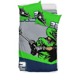 Personalized Lacrosse Duvet Cover Set, Lacrosse Boy Player Gift Idea Green Grey Duvet Cover & Pillowcases, Custom Name Number Bedding Set
