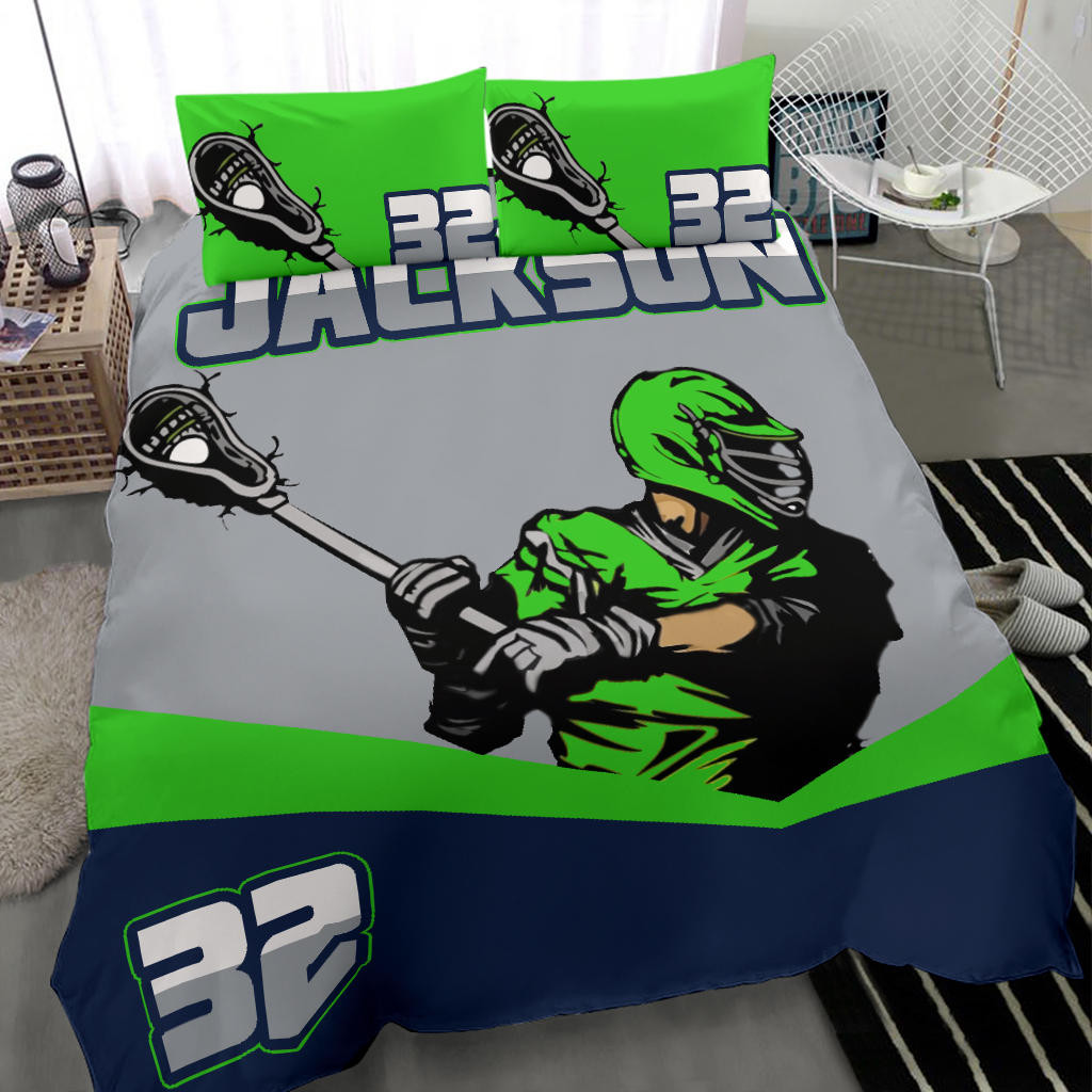 Personalized Lacrosse Duvet Cover Set, Lacrosse Boy Player Gift Idea Green Grey Duvet Cover & Pillowcases, Custom Name Number Bedding Set