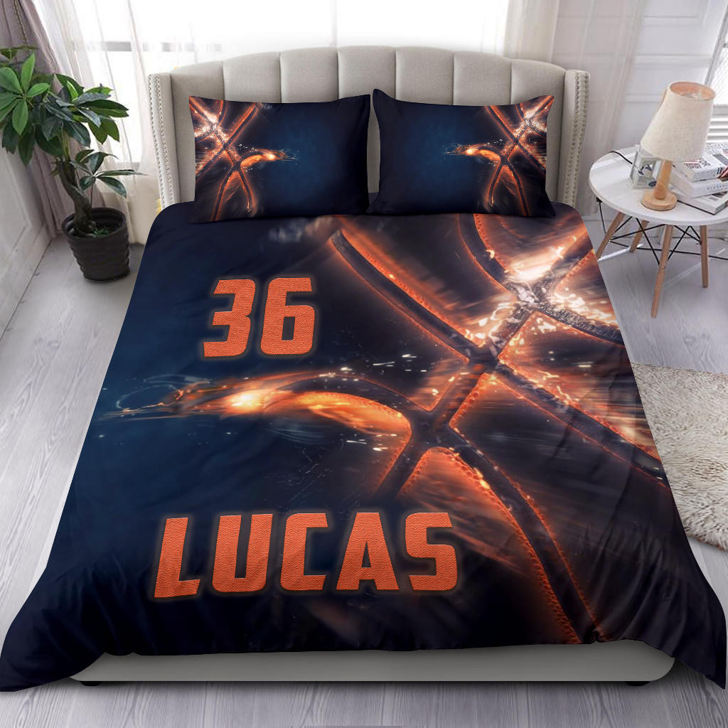 Personalized Basketball Duvet Cover Set, Basketball Ball Pattern Fire Player Gift Duvet Cover & Pillowcases, Custom Name Number Bedding Set