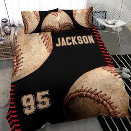 Personalized Baseball Duvet Cover Set, Baseball Ball Vintage Player Gift Idea Black Duvet Cover & Pillowcases, Custom Name Number Bedding Set