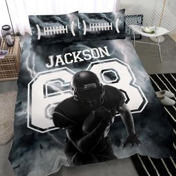 Personalized Football Duvet Cover Set, Football Boy Storm Black Player Gift Idea Duvet Cover & Pillowcases, Custom Name Number Bedding Set