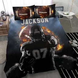 Personalized Football Duvet Cover Set, Footballs Boy Fire Player Gift Idea Black Duvet Cover & Pillowcases, Custom Name Number Bedding Set
