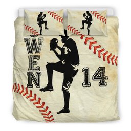 Personalized Baseball Duvet Cover Set, Baseball Boy Pitcher Beige Player Gift Idea Duvet Cover & Pillowcases, Custom Name Number Bedding Set