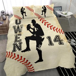 Personalized Baseball Duvet Cover Set, Baseball Boy Pitcher Beige Player Gift Idea Duvet Cover & Pillowcases, Custom Name Number Bedding Set