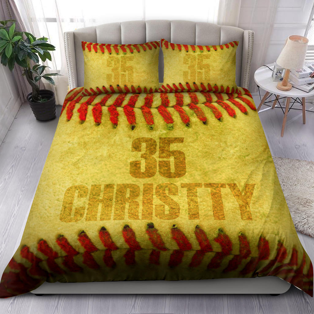 Personalized Softball Duvet Cover Set, Softball Texture Yellow Player Gift Idea Duvet Cover & Pillowcases, Custom Name Number Bedding Set