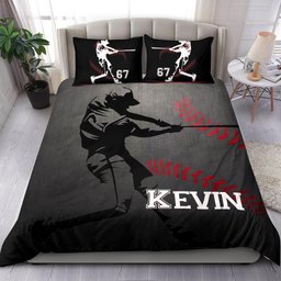 Personalized Baseball Duvet Cover Set, Baseball Boy Batter Player Gift Idea Grey Duvet Cover & Pillowcases, Custom Name Number Bedding Set