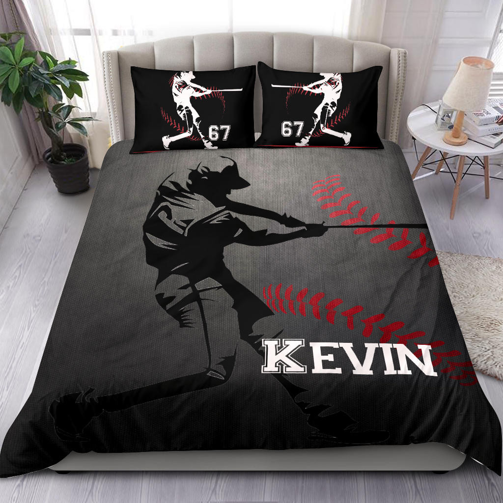 Personalized Baseball Duvet Cover Set, Baseball Boy Batter Player Gift Idea Grey Duvet Cover & Pillowcases, Custom Name Number Bedding Set