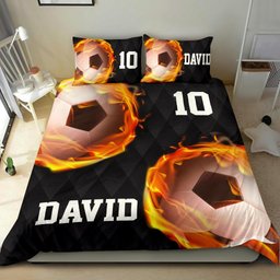 Personalized Soccer Duvet Cover Set, Soccer Fire Ball Player Unique Gift Black Duvet Cover & Pillowcases, Custom Name Number Bedding Set