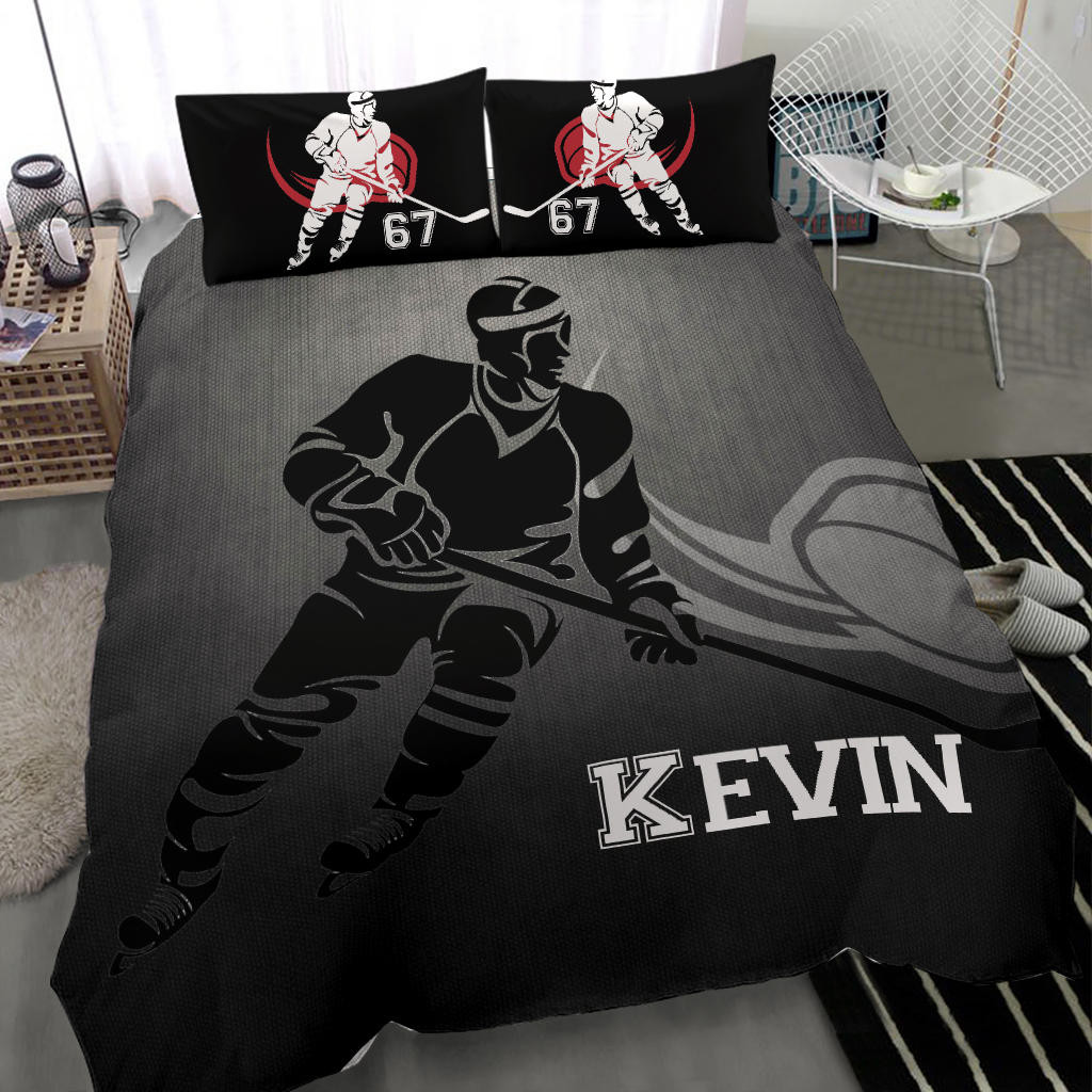 Personalized Hockey Duvet Cover Set, Hockey Boy Grey Black Player Gift Idea Duvet Cover & Pillowcases, Custom Name Number Bedding Set