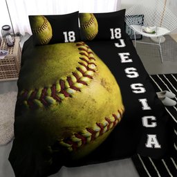 Personalized Softball Duvet Cover Set, Softball Ball 3D Player Vintage Gift Black Duvet Cover & Pillowcases, Custom Name Number Bedding Set