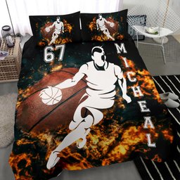 Personalized Basketball Duvet Cover Set, Basketball Boy Fire Player Gift Idea Duvet Cover & Pillowcases, Custom Name Number Bedding Set