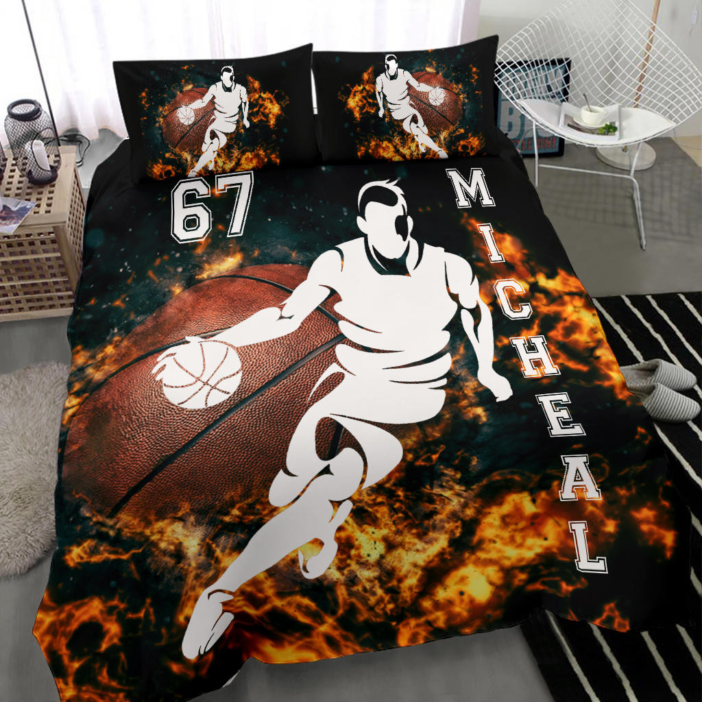 Personalized Basketball Duvet Cover Set, Basketball Boy Fire Player Gift Idea Duvet Cover & Pillowcases, Custom Name Number Bedding Set