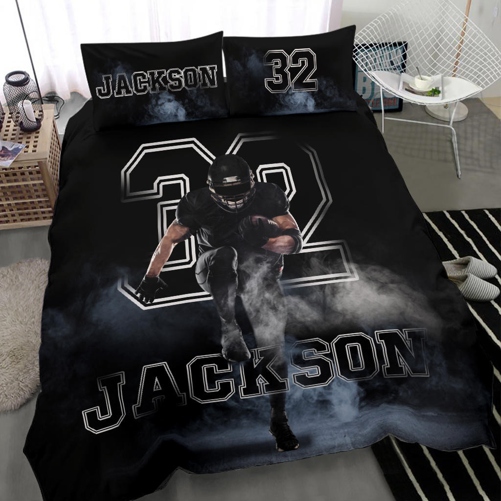 Personalized Football Duvet Cover Set, Footballs Boy Smoke Player Gift Idea Black Duvet Cover & Pillowcases, Custom Name Number Bedding Set