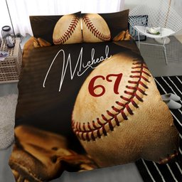 Personalized Baseball Duvet Cover Set, Baseball Glove Ball Vintage Player Gift Duvet Cover & Pillowcases, Custom Name Number Bedding Set
