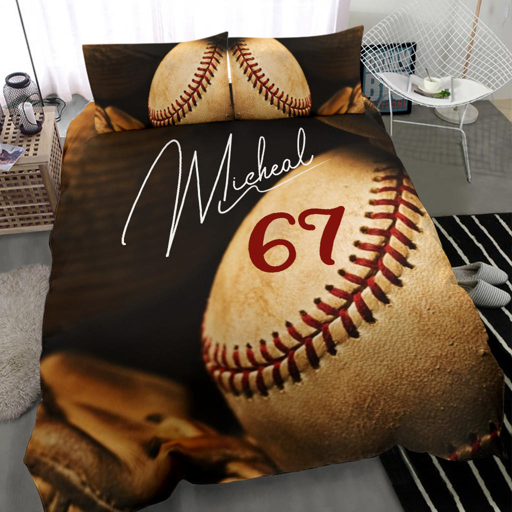 Personalized Baseball Duvet Cover Set, Baseball Glove Ball Vintage Player Gift Duvet Cover & Pillowcases, Custom Name Number Bedding Set