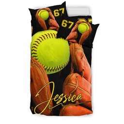 Personalized Softball Duvet Cover Set, Softball Gloves Ball Player Unique Gift Duvet Cover & Pillowcases, Custom Name Number Bedding Set