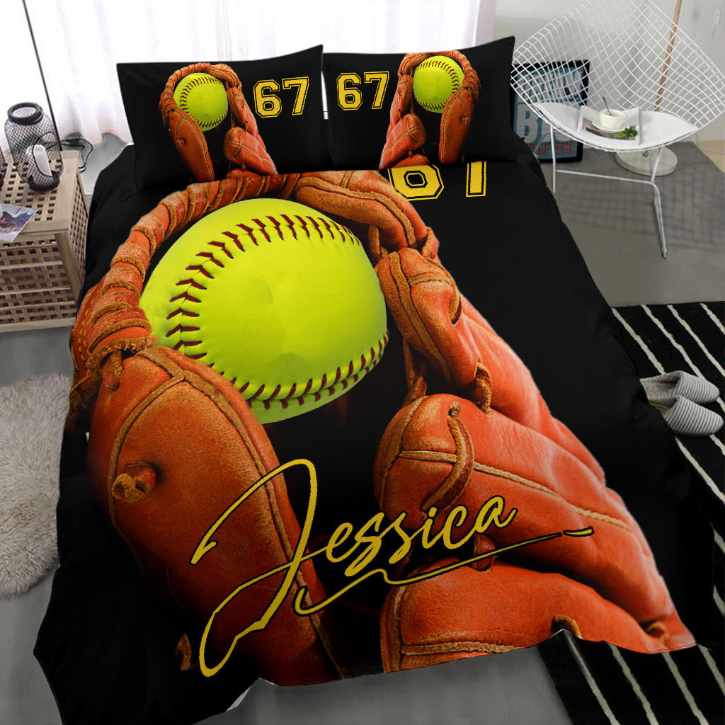 Personalized Softball Duvet Cover Set, Softball Gloves Ball Player Unique Gift Duvet Cover & Pillowcases, Custom Name Number Bedding Set