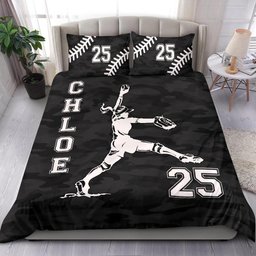 Personalized Softball Duvet Cover Set, Softball Pitcher Girl Black Camo Player Gift Duvet Cover & Pillowcases, Custom Name Number Bedding Set