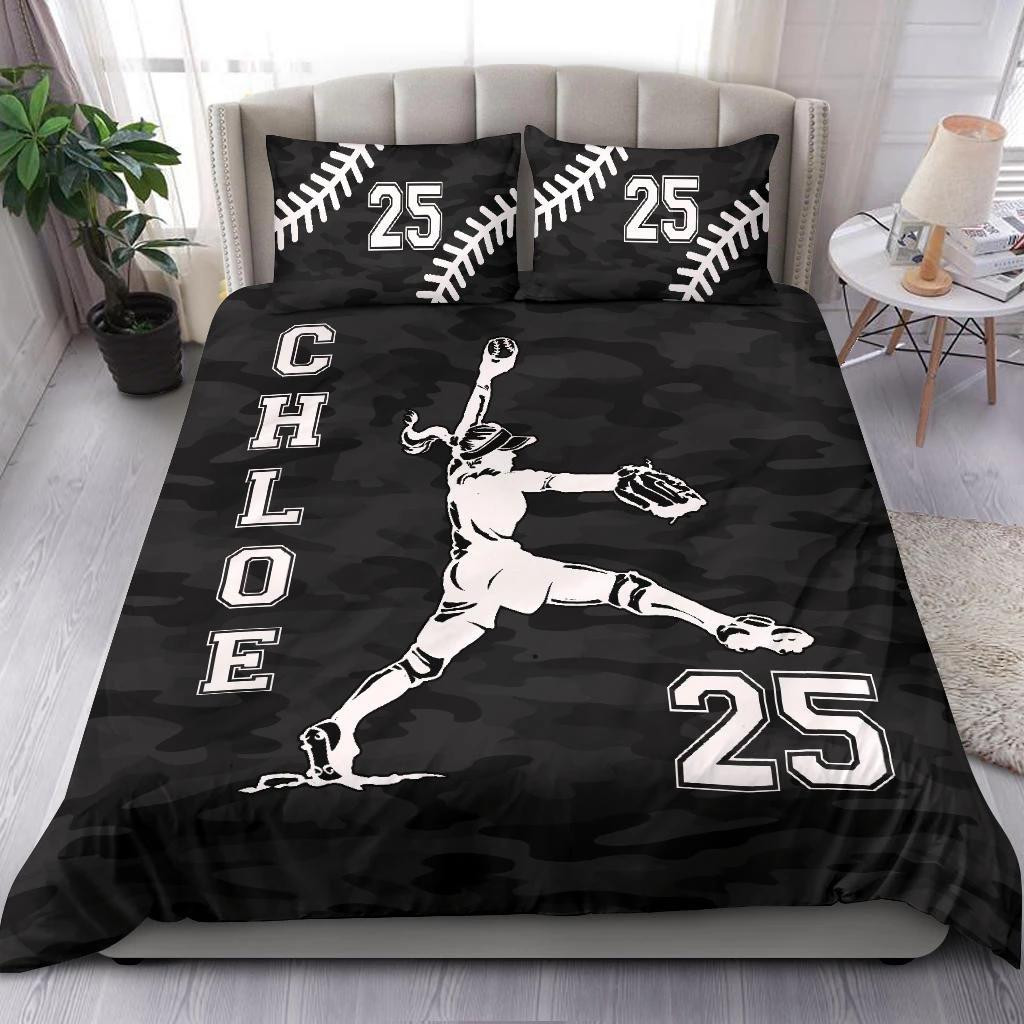 Personalized Softball Duvet Cover Set, Softball Pitcher Girl Black Camo Player Gift Duvet Cover & Pillowcases, Custom Name Number Bedding Set